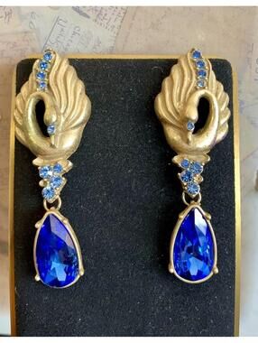 Beautiful Sculptural Swan Cobalt Rhinestone Teardrop Statement Earrings